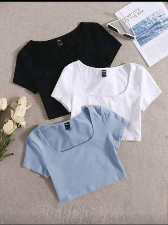 Women Square Neck Rib Crop T-shirt Short Sleeve Crop Top
