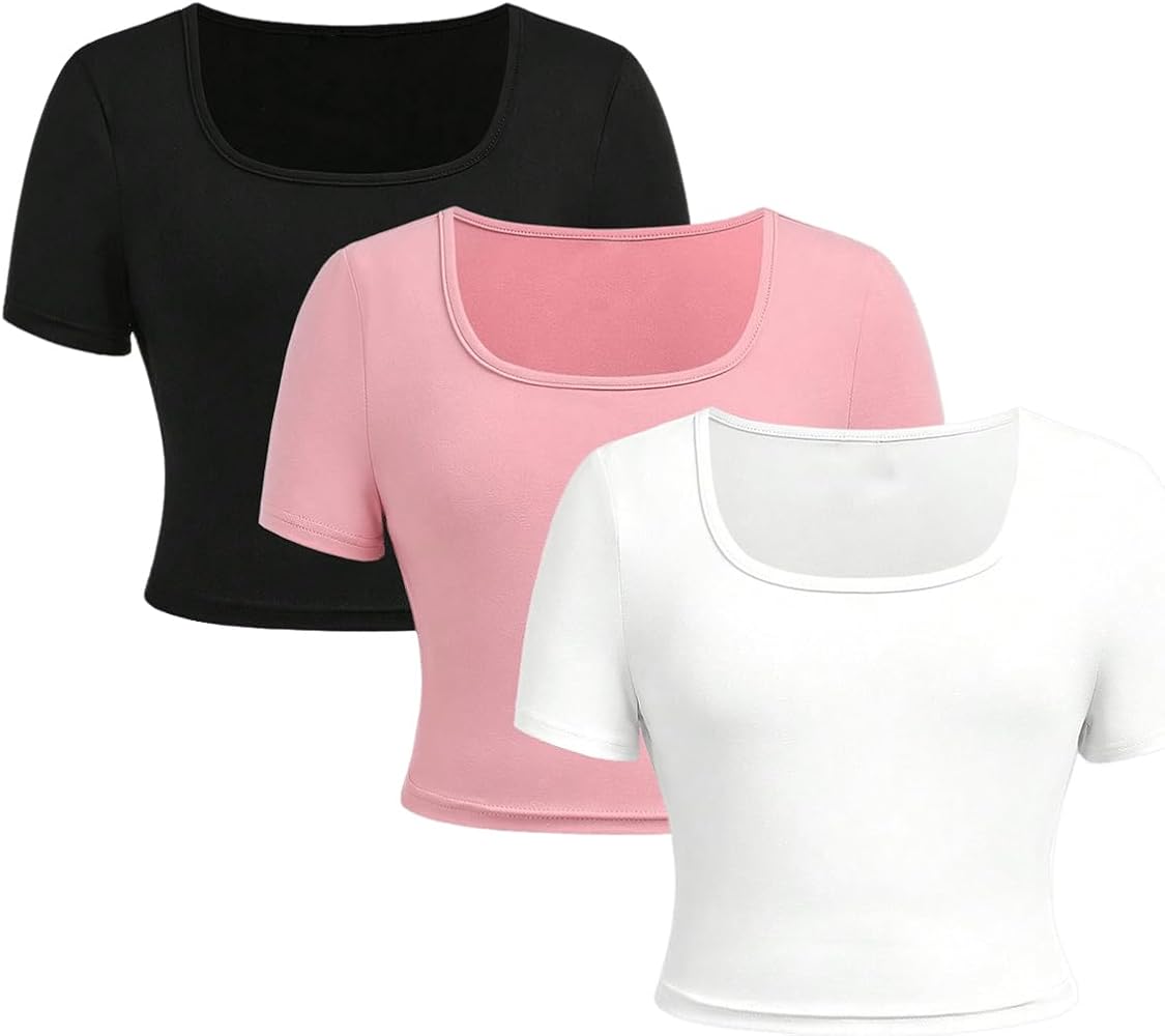 Women Square Neck Rib Crop T-shirt Short Sleeve Crop Top