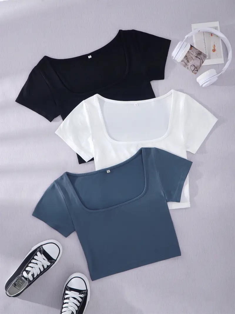 Women Square Neck Rib Crop T-shirt Short Sleeve Crop Top