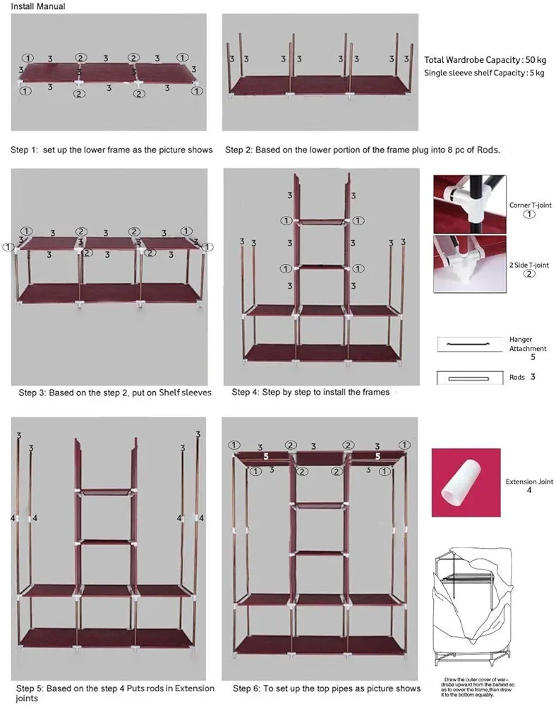 Wardrobe Ebee 6+2 Layer Fancy Collapsible Closet/Cabinet (Maroon) Fabric