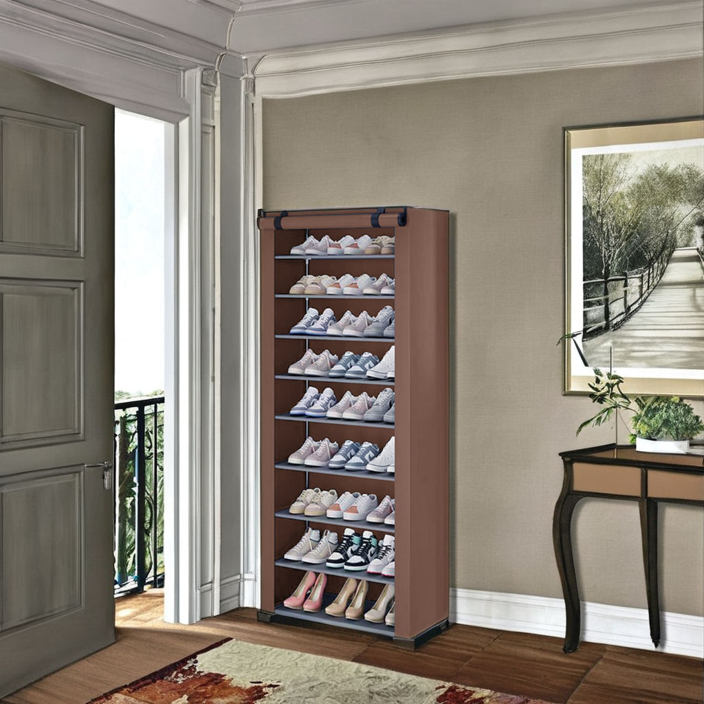 10-Layer Dustproof Shoe Rack for Entryway Bedroom Detachable Plastic Fabric Storage Cabinets Non-Woven Cover Shoe Storage Rack