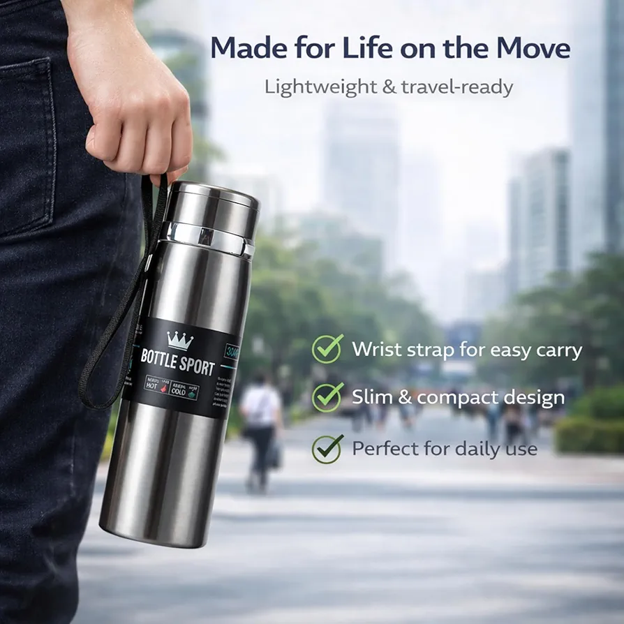 Vacuum Flask 800ml Stainless Steel Water Bottle (Silver) | Double Wall Insulated Hot & Cold Flask | Leak Proof Thermal Bottle for Home, Office, Travel & Outdoor Use