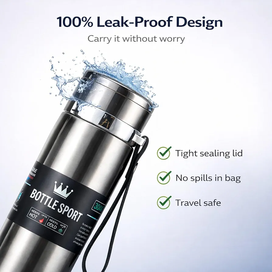 Vacuum Flask 800ml Stainless Steel Water Bottle (Silver) | Double Wall Insulated Hot & Cold Flask | Leak Proof Thermal Bottle for Home, Office, Travel & Outdoor Use