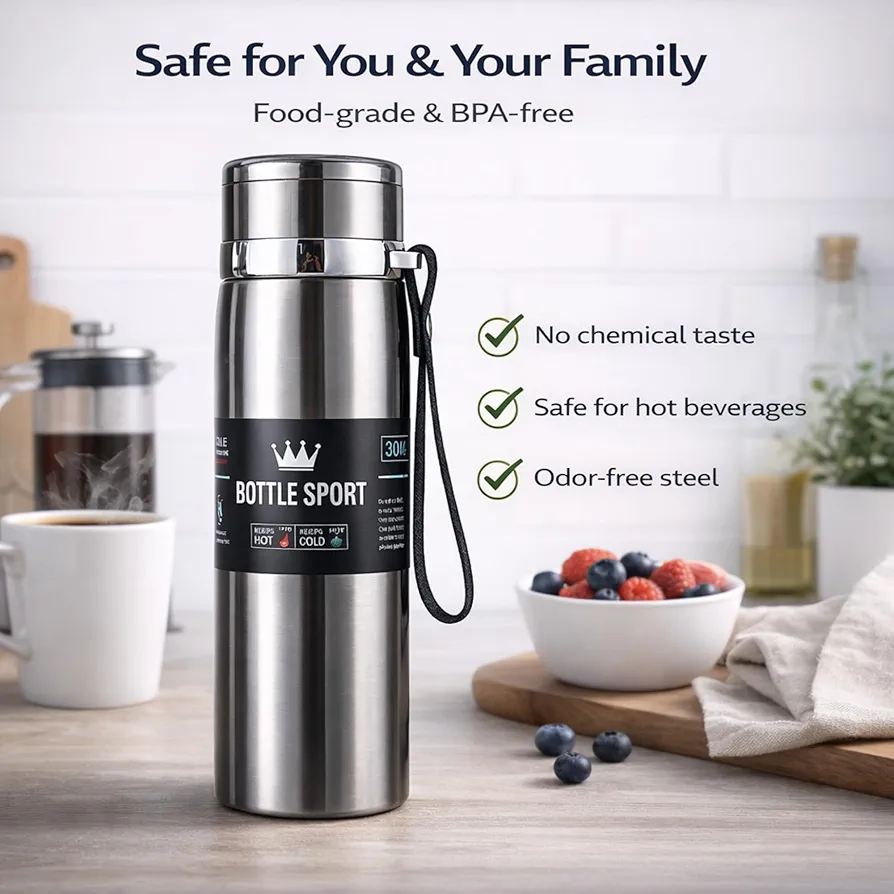 Vacuum Flask 800ml Stainless Steel Water Bottle (Silver) | Double Wall Insulated Hot & Cold Flask | Leak Proof Thermal Bottle for Home, Office, Travel & Outdoor Use