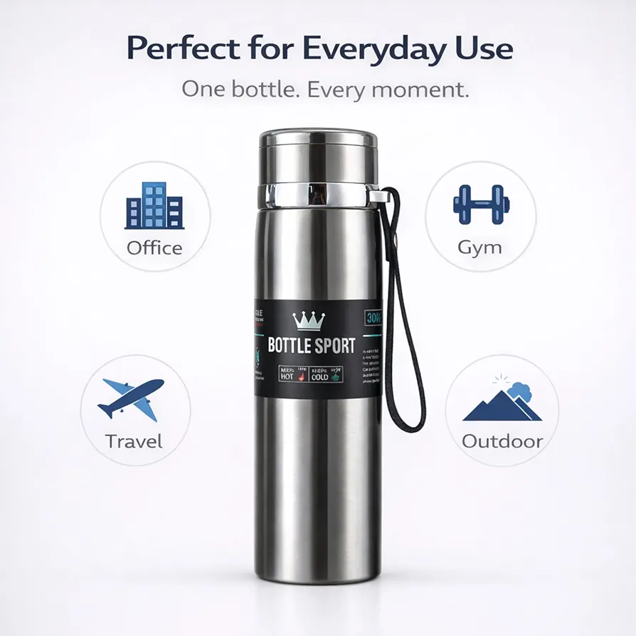 Vacuum Flask 800ml Stainless Steel Water Bottle (Silver) | Double Wall Insulated Hot & Cold Flask | Leak Proof Thermal Bottle for Home, Office, Travel & Outdoor Use
