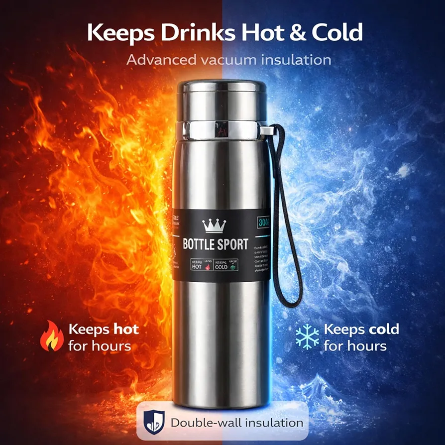 Vacuum Flask 800ml Stainless Steel Water Bottle (Silver) | Double Wall Insulated Hot & Cold Flask | Leak Proof Thermal Bottle for Home, Office, Travel & Outdoor Use