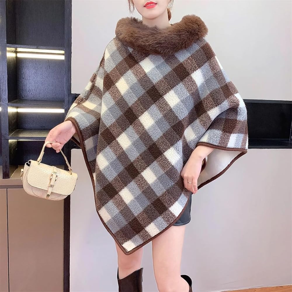 Women Winter Warm Wool Soft Poncho Loose Cloak Thicken Streetwear Shawl Capes Striped Triangle Pullover Coat